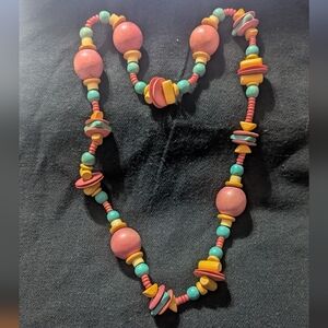 Pastel Pink Yellow Blue Chunky Wooden Beaded Statement Necklace